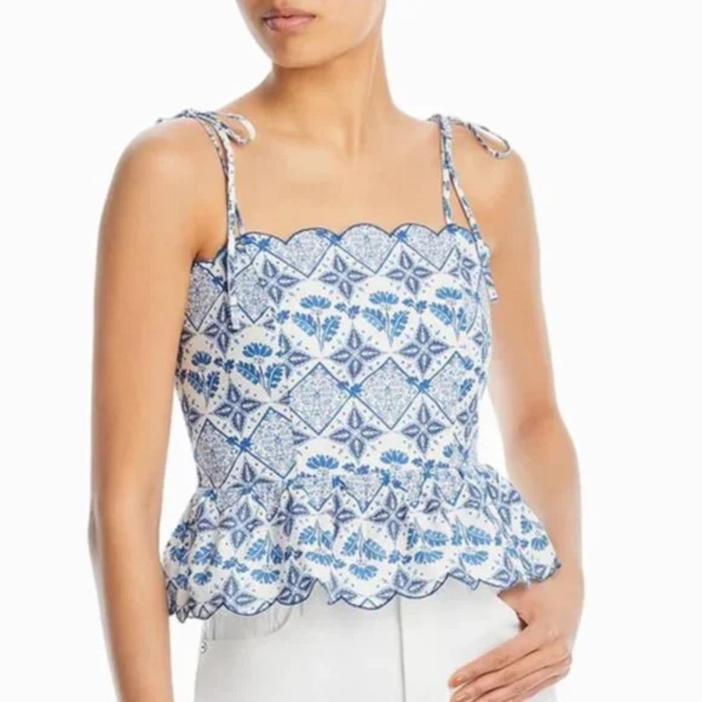 Lucy Paris blue pattern peplum tank with smocked back and scalloped edges